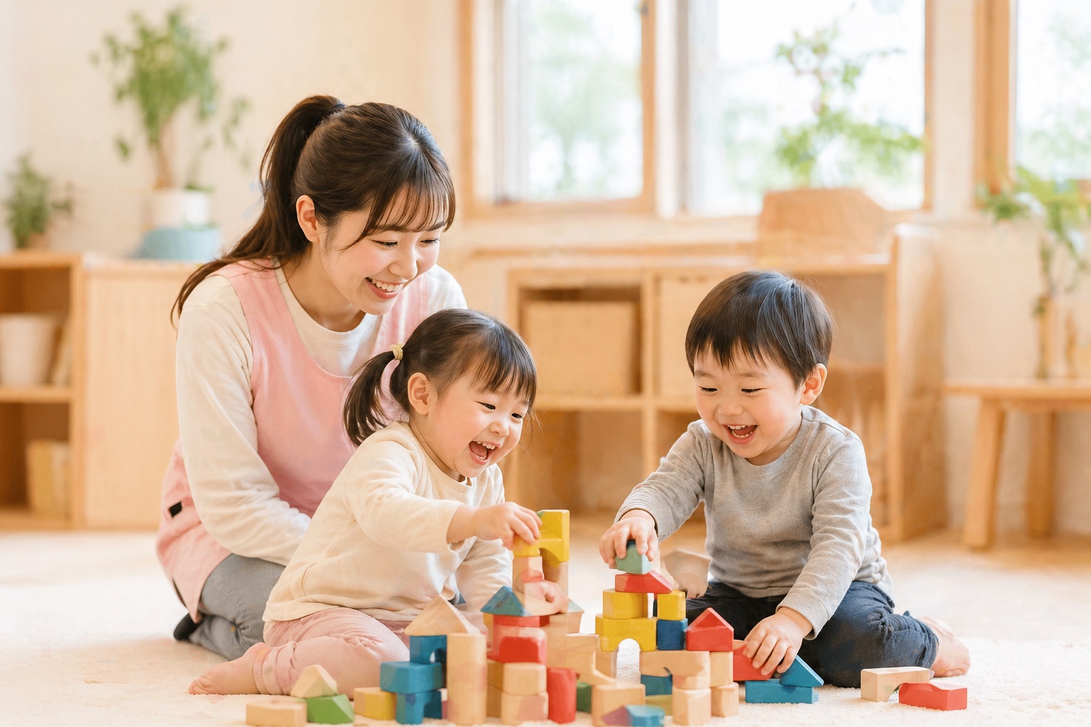 まなごり託児所で保育士が子供たちと積み木で遊ぶ様子