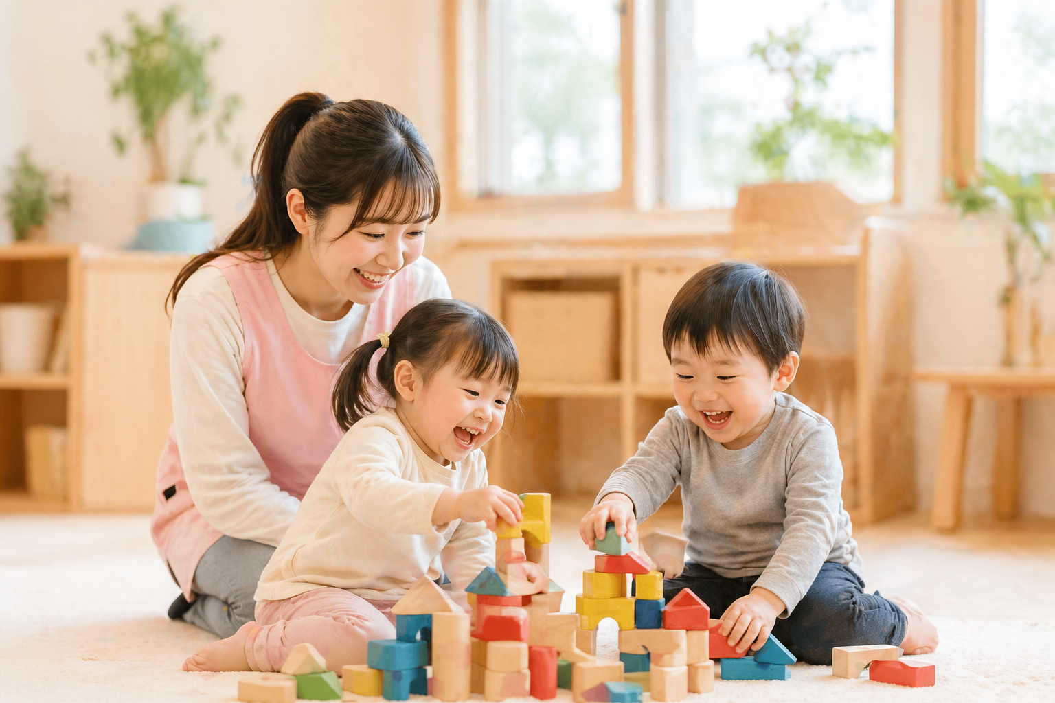 保育士と子供たちが積み木で遊んでいる様子
